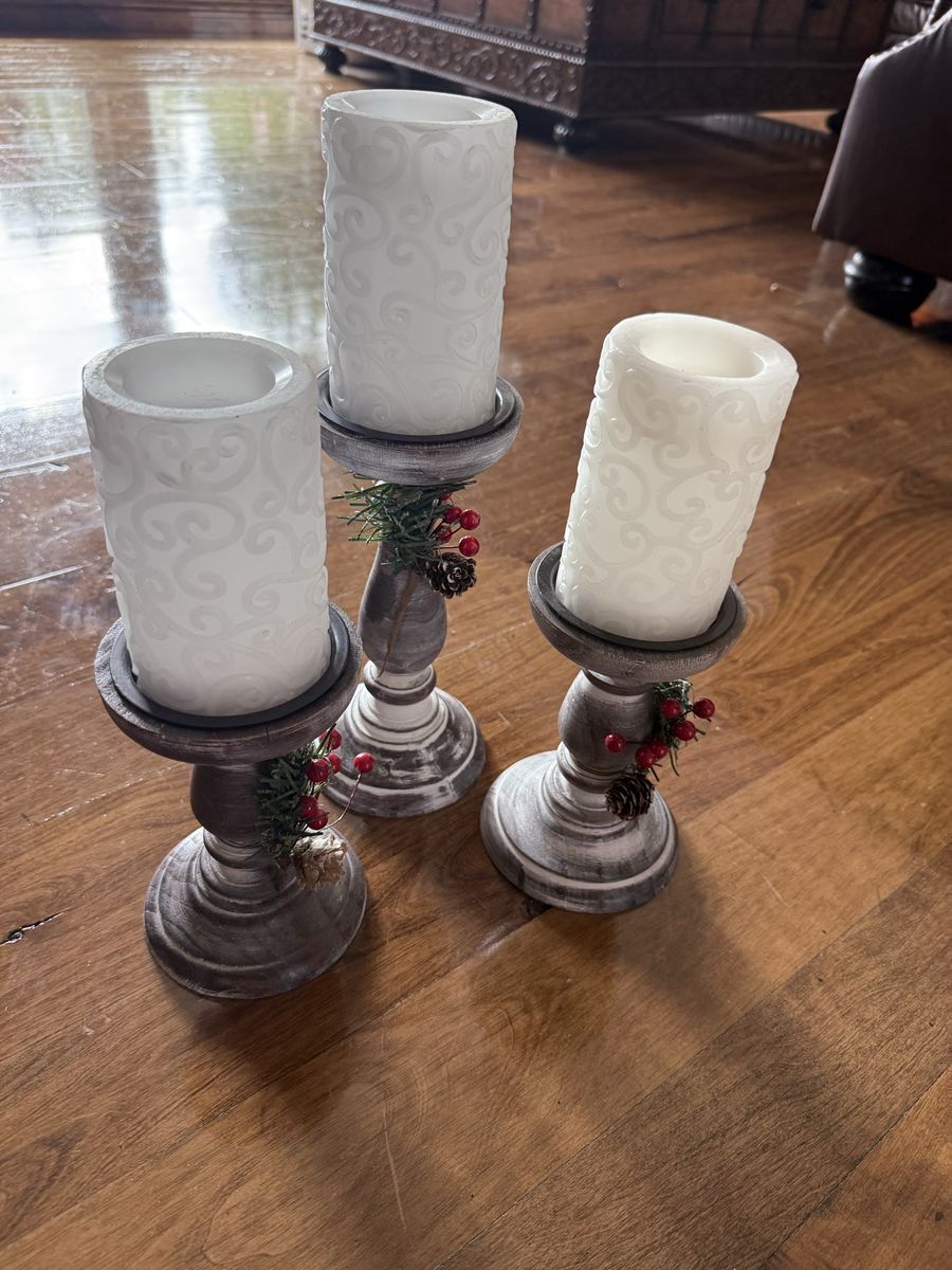 Set of 3 wood candle holders 9.5” and 7” $35 set