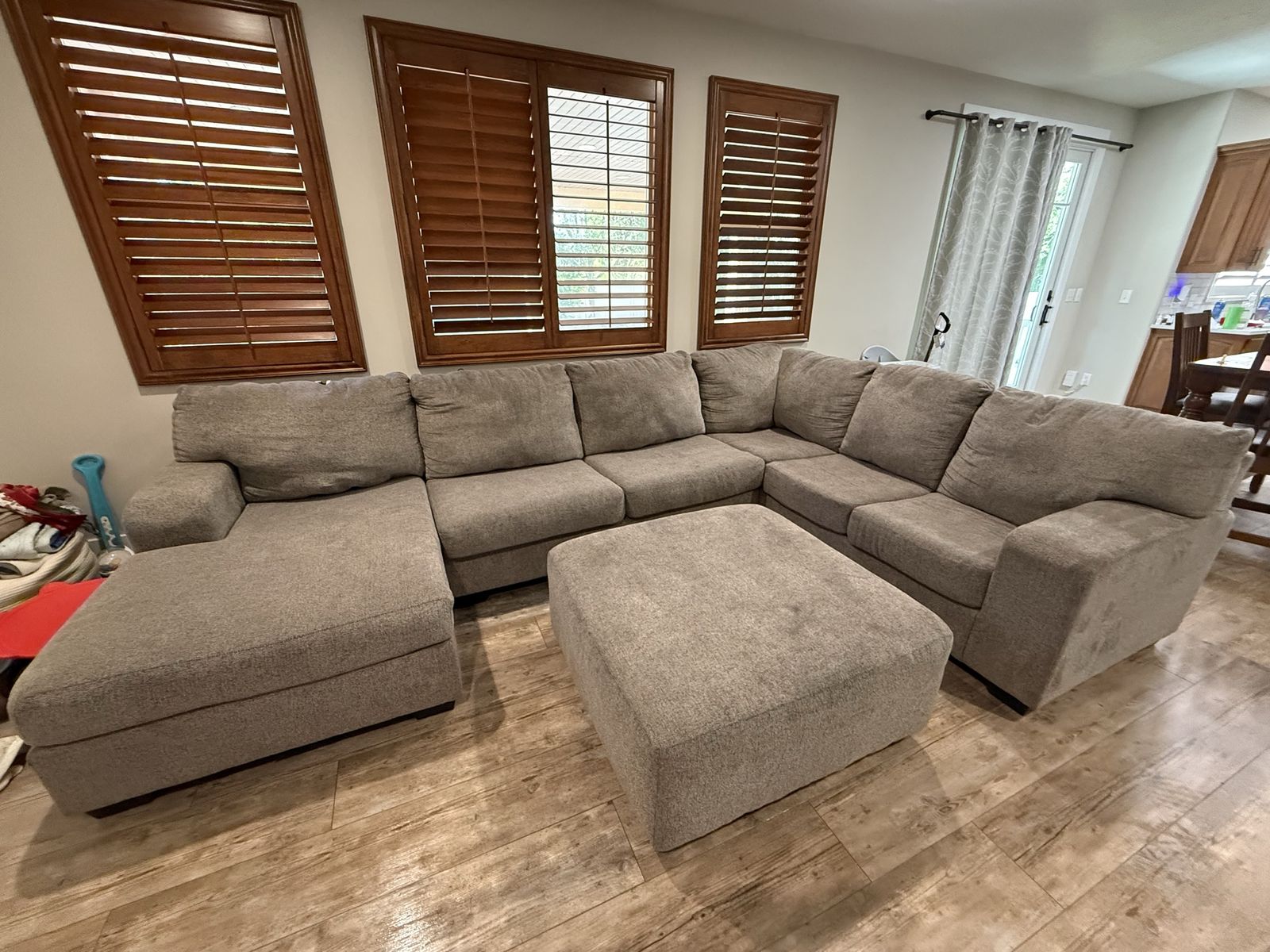 Large Gray Sectional Sofa with Chaise and Matching Ottoman - Good Condition