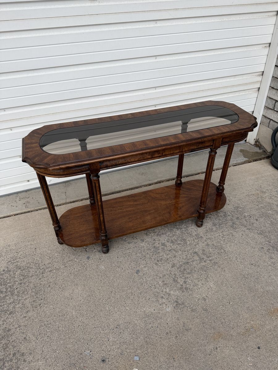 Elegant Vintage Wood & Glass Console Table, Sofa Table, Hallway Entryway Table. Furniture
