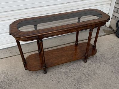 Elegant Vintage Wood & Glass Console Table, Sofa Table, Hallway Entryway Table. Furniture