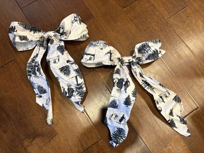 2 New Large Clip On Bows w/ Old-Fashioned Ice Skating Scenes