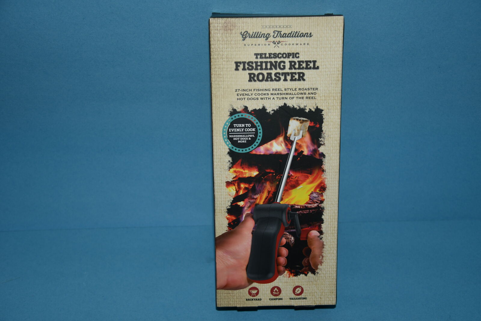 NIB MARSHMALLOW & HOT DOG ROASTING FORK ~ TELESCOPIC ~ FISHING REEL STYLE ~ 27" ~ COOKS FOOD EVENLY