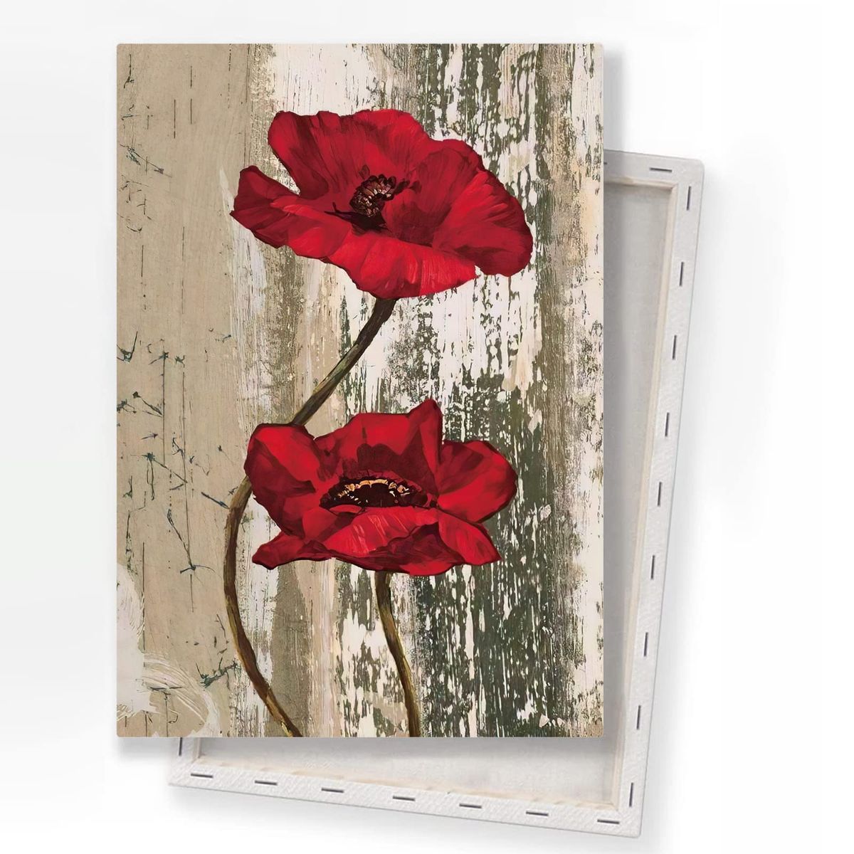 Wall Art Canvas Rustic Red Flower Pictures for Bathroom Farmhouse Poster Prints Red Poppies Print for Walls Vintage Wooden Paint