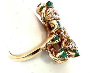 14k Yellow Gold Natural Emerald & Diamond Cluster Spray Cocktail Ring Size 6 3/4