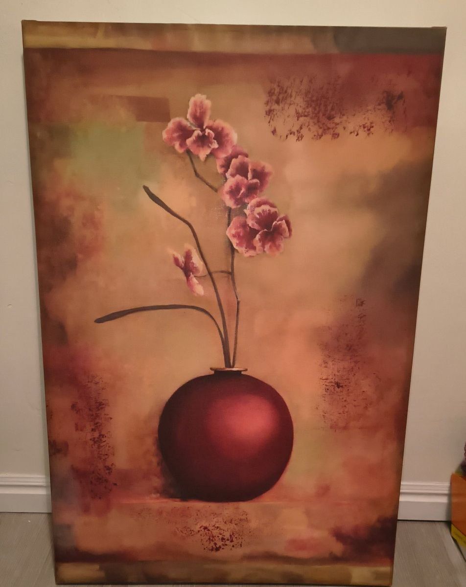 Vicki Lynn 1997 Original Floral Still Life Canvas Painting in Wooden Frame