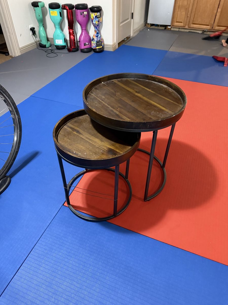 2 Round Wood & Metal Nesting End Tables - Dark Brown Industrial Style Side Tables