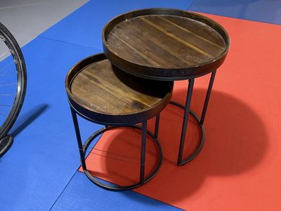 2 Round Wood & Metal Nesting End Tables - Dark Brown Industrial Style Side Tables