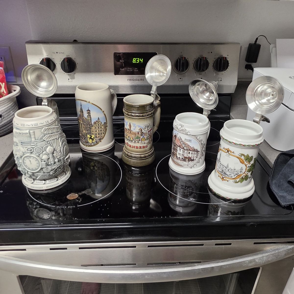 Vintage German Beer Stein Collection - Set of 5 Lidded & Open Ceramic Steins