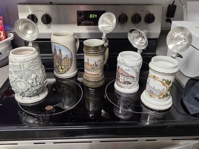 Vintage German Beer Stein Collection - Set of 5 Lidded & Open Ceramic Steins
