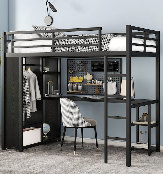 Twin XL Loft Bed w/ Desk, Shelves & Wardrobe