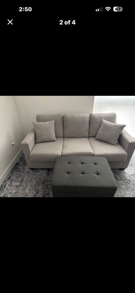 Light Gray Fabric Sofa with Tufted Dark Gray Ottoman