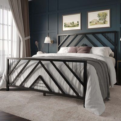 Queen Black Metal Platform Bed with Headboard