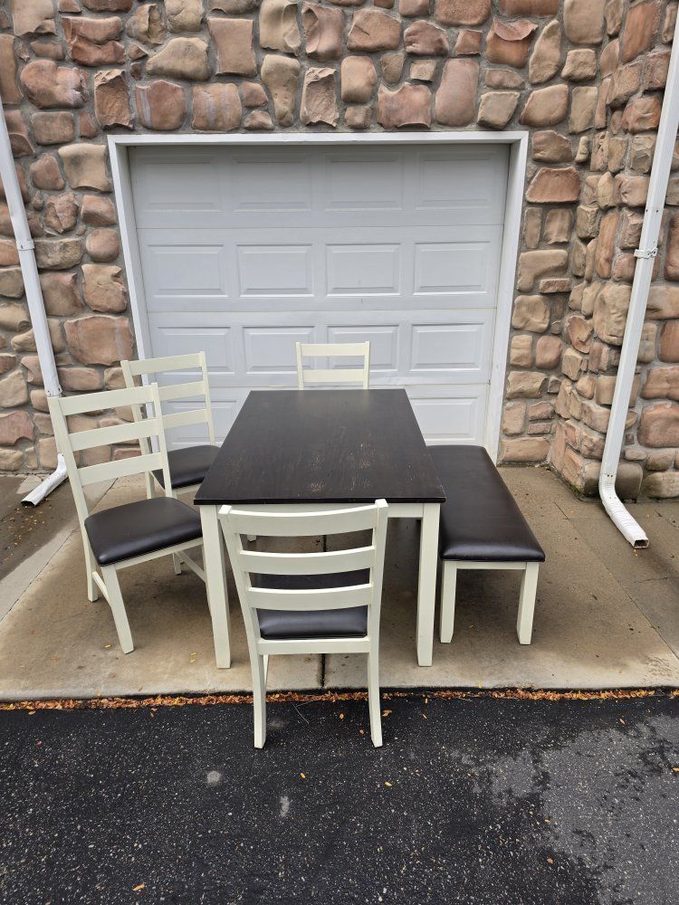Dining Table Set with 4 Chairs and 1 Bench - Two-Tone White and Dark Wood