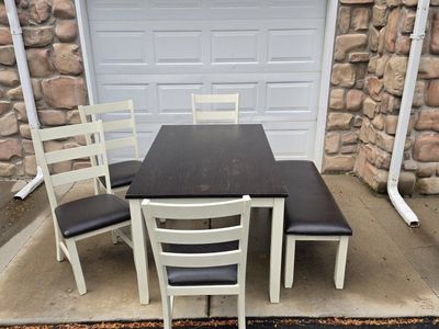Dining Table Set with 4 Chairs and 1 Bench - Two-Tone White and Dark Wood