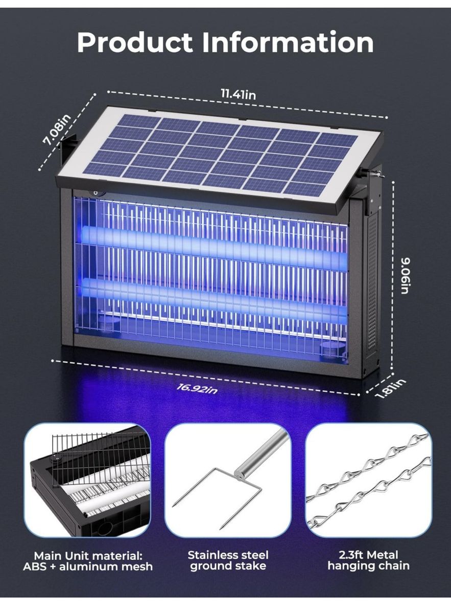 Solar Powered Outdoor Bug Zapper IPX4 Water Resistant with Ground Stake & Hanging Chain