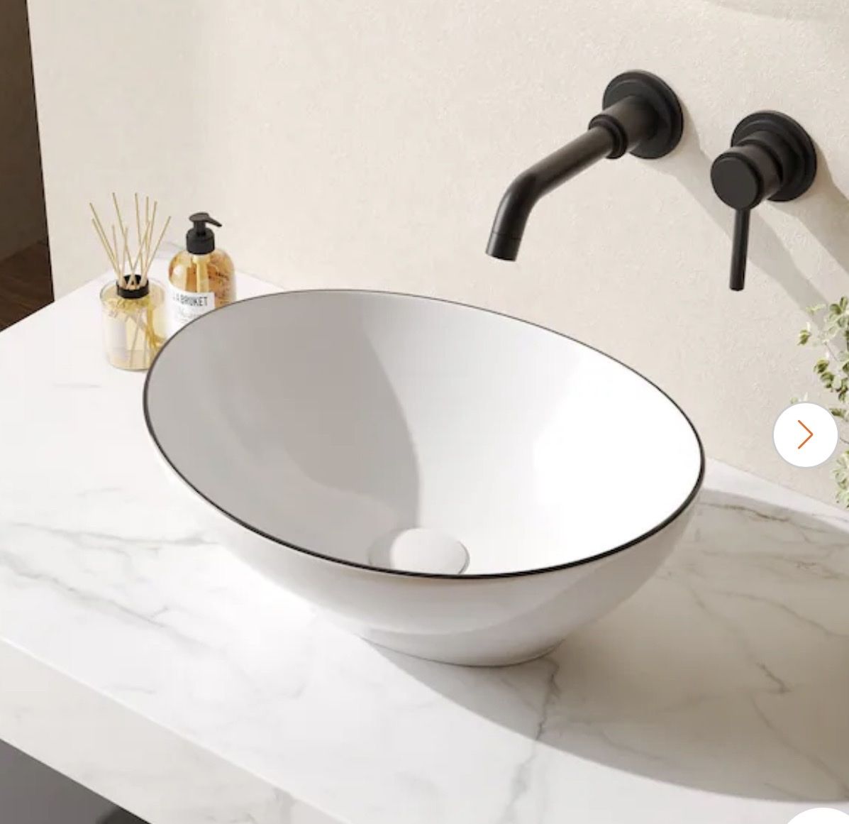 New. Deer Valley Modern Oval Ceramic Vessel Sink White with Black Trim