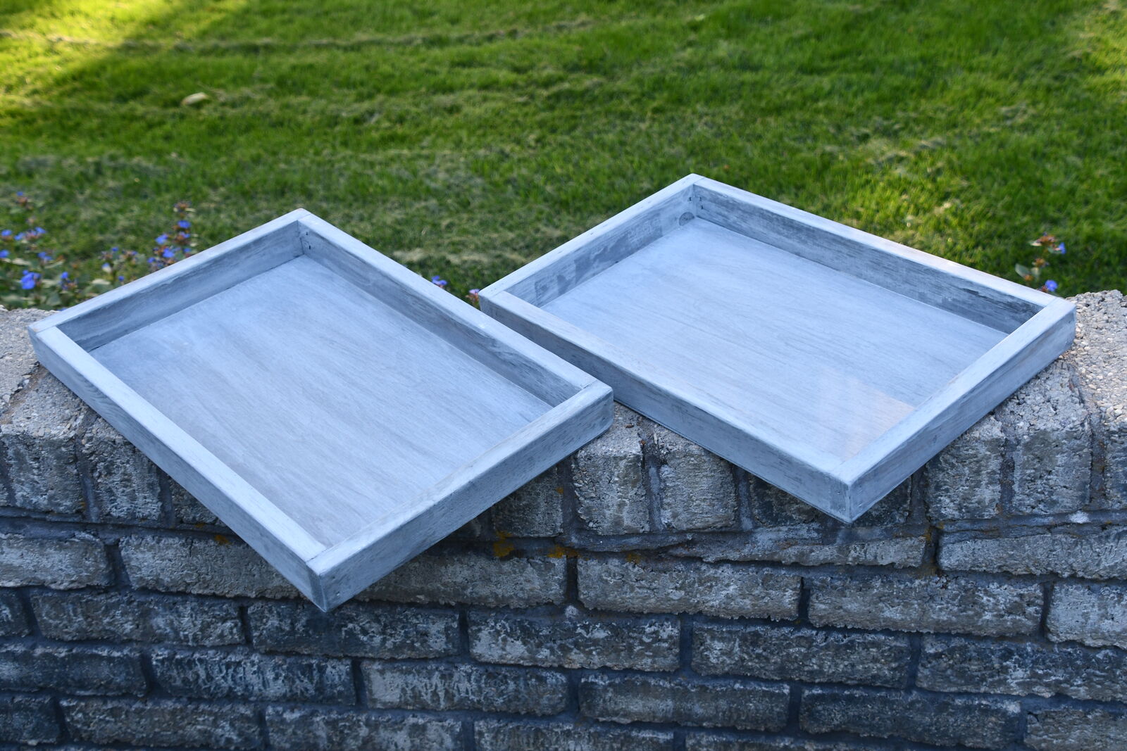 2 WOODEN TRAYS ~ GRAY ~ 12" x 18" x 2" ~ CLEAN ~ NICE!