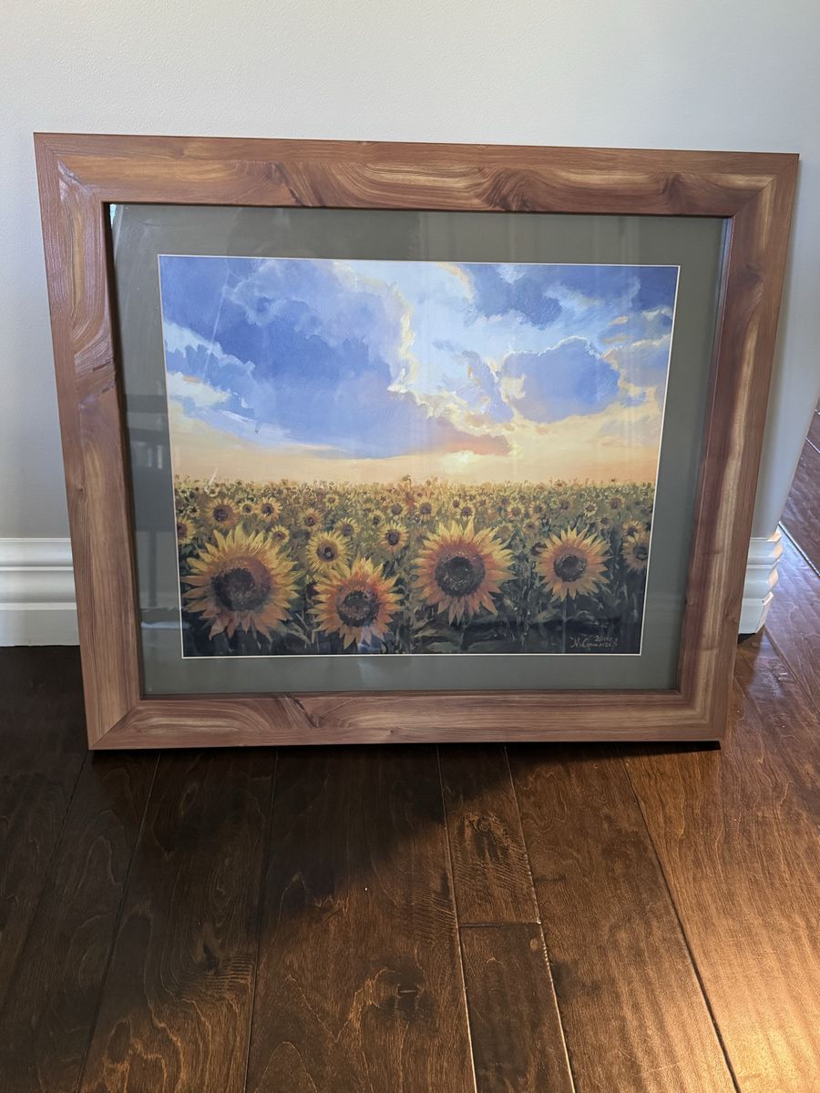 Framed Sunflower Field Wall Art Decor - Nature Landscape Print with Wood Frame
