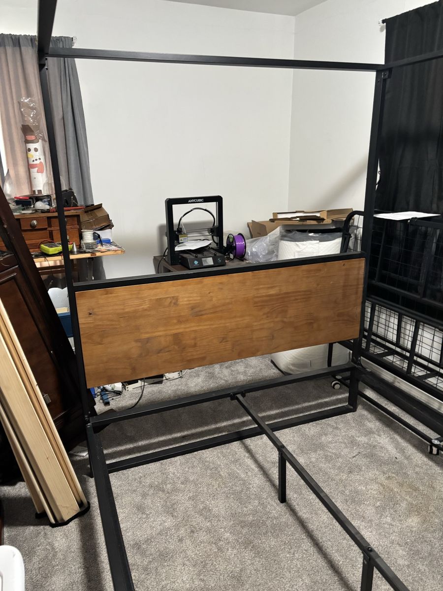 Queen Canopy Bed Frame – Black Metal and Wood with Slats