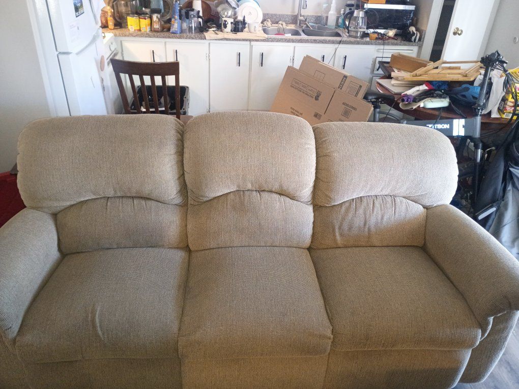 Tan Fabric Reclining Sofa - Comfortable 3-Seater Couch lazy boy brand and love seat