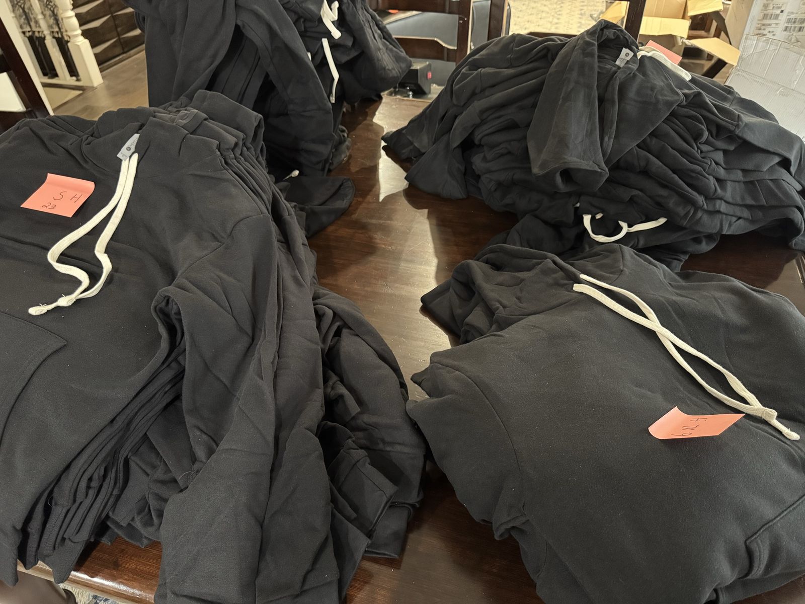 NEW! 74 Black Hoodies Lot with White Drawstrings and Front Pockets