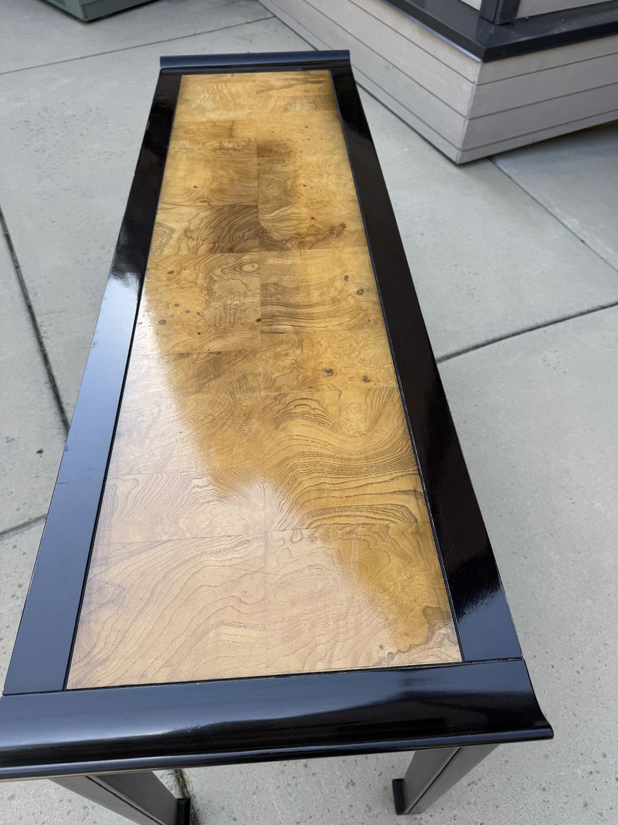 Oriental Style Sofa Table / Console Table - Black Lacquer & Burl Wood Finish