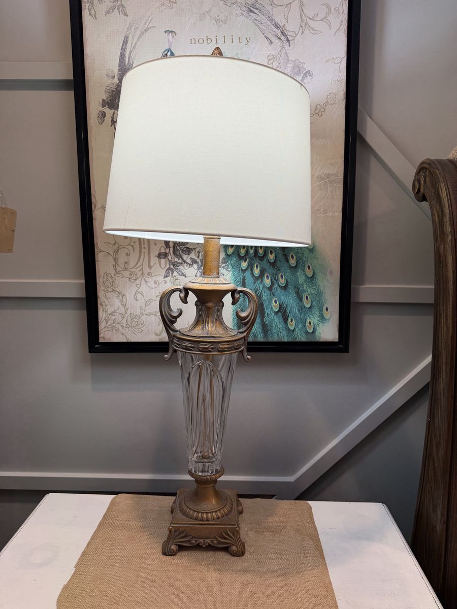 2, Vintage Ornate Table Lamp with Cut Crystal Base and Gold Crackle Finish