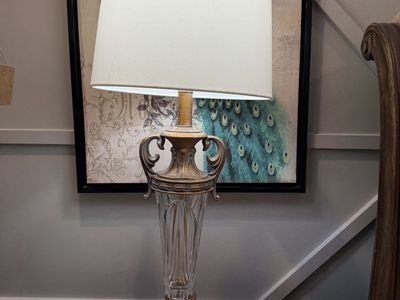 2, Vintage Ornate Table Lamp with Cut Crystal Base and Gold Crackle Finish