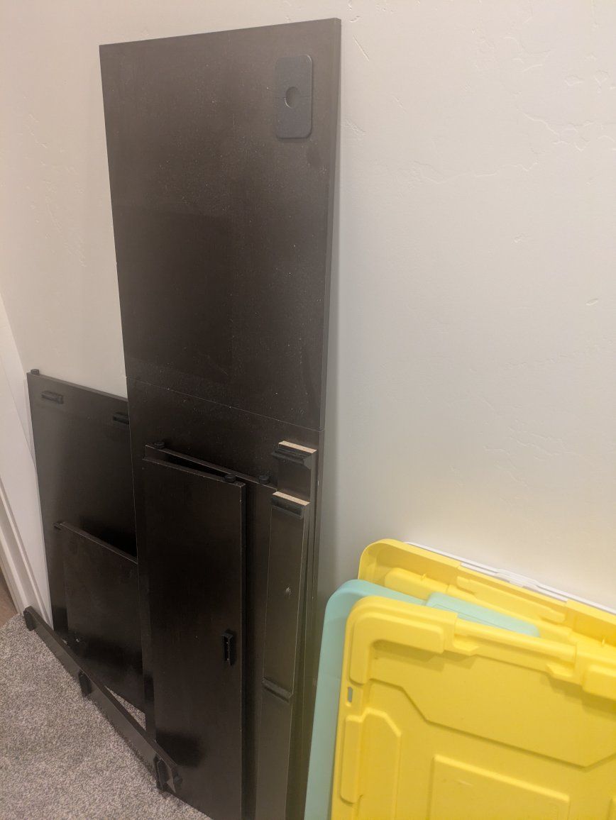 free desk, craft supplies, cook books, decor, and over toilet shelves