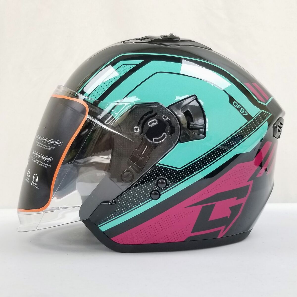 Gmax OF-87 Open Face Helmet Without LED - Duke Black/Aqua Coral color