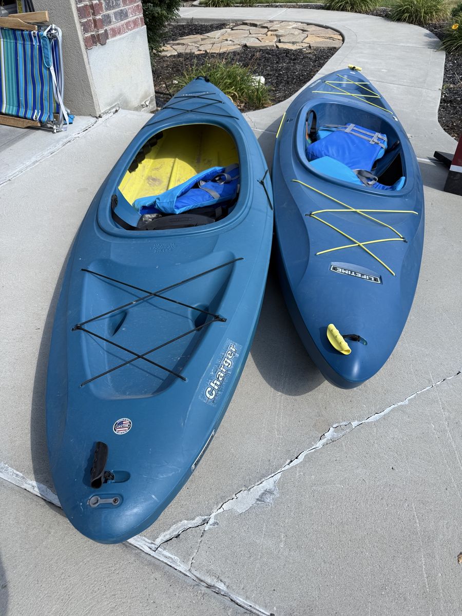 Pair of Lifetime Charger Kayaks - Blue, Recreational Sit-Inside, with Seats & Yellow Bungees
