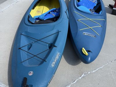 Pair of Lifetime Charger Kayaks - Blue, Recreational Sit-Inside, with Seats & Yellow Bungees
