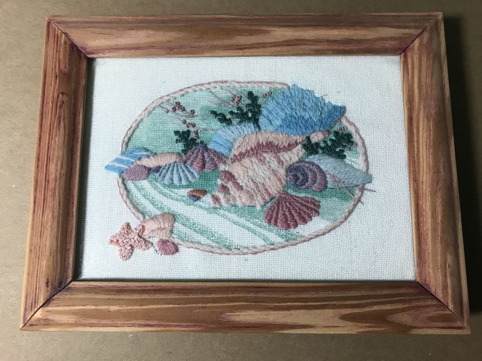 Ocean Scene Crewel Embroidery, 5” x 7” Framed