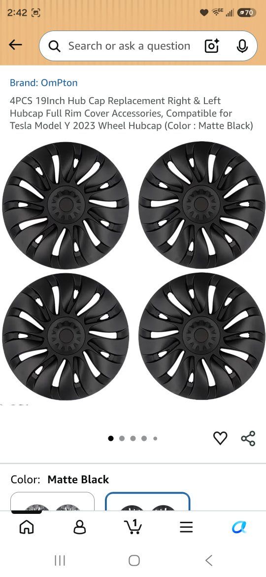 Ompton 4PCS 19" Matte Black Hub Cap Replacement for Tesla Model Y 2023 Wheel Hubcap