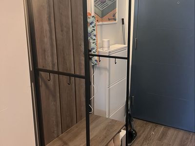 Entry bench with hooks and shoe rack
