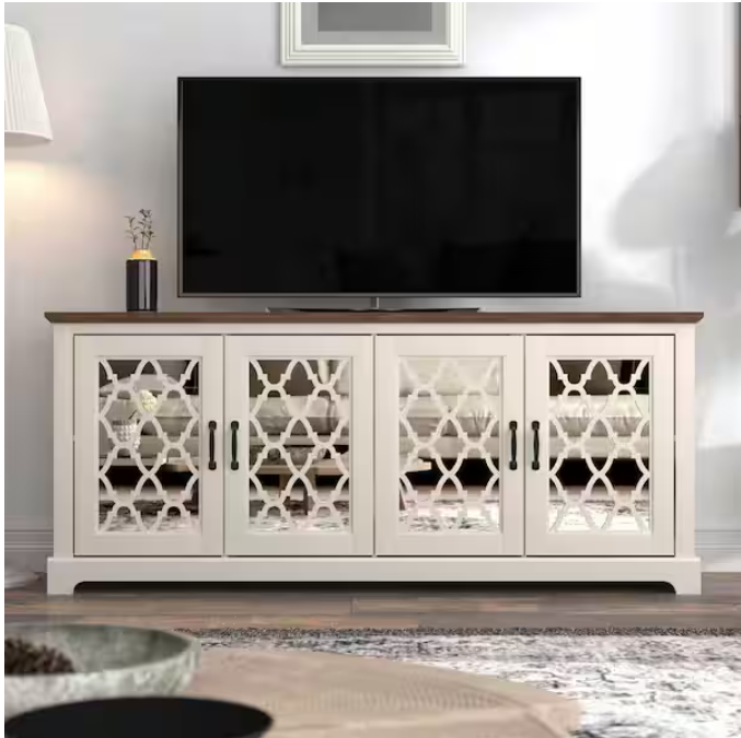 Heron 68.2 in. Ivory with Knotty Oak 4 Mirror Backed Doors Wide TV Stand Fits TV's up to 75 in.