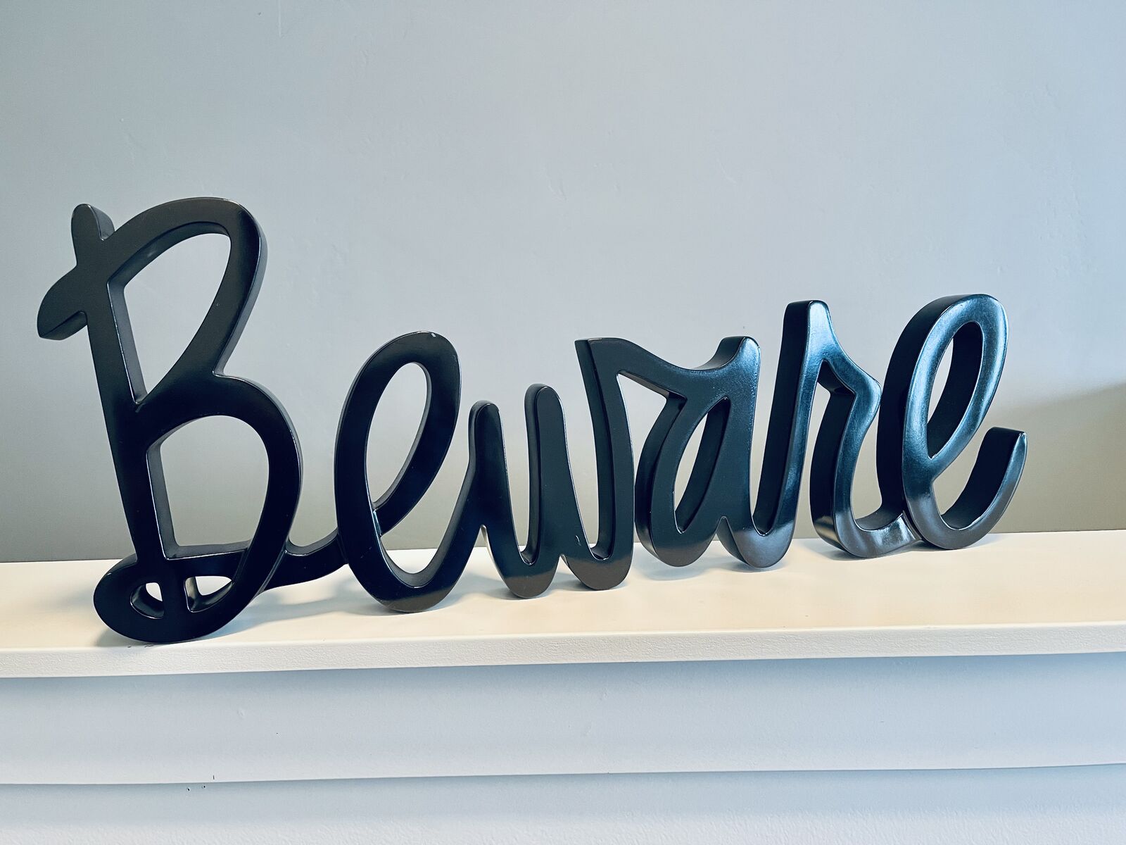 Like new in Box, Large Grandin Road Halloween Beware Script Sign Decor, Shiny solid black, stands upright-$30