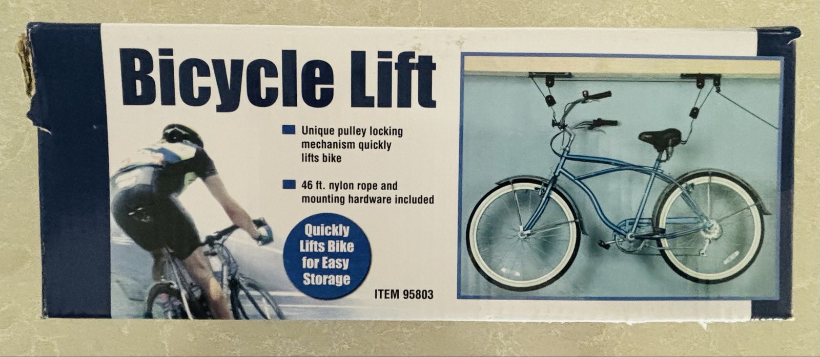 Bicycle Lift Model 95803 - Ceiling Mounted Bike Hoist for Garage Storage, 44lb Capacity, 46ft Rope