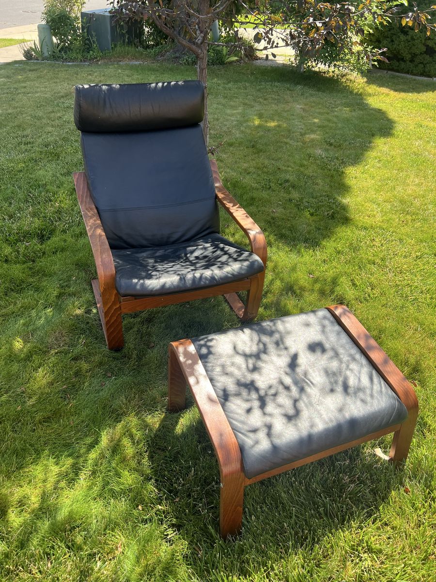 IKEA Bentwood & Leather Recliner with Ottoman - Mid-Century Style, Black Cushions
