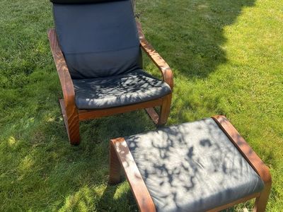 IKEA Bentwood & Leather Recliner with Ottoman - Mid-Century Style, Black Cushions