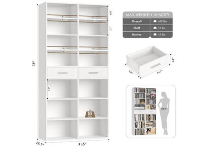 New in Box73" Tall Bookshelf with Drawers, 7-Tier with Storage, Double Wide Bookcase with 14 Open Book Shelves,