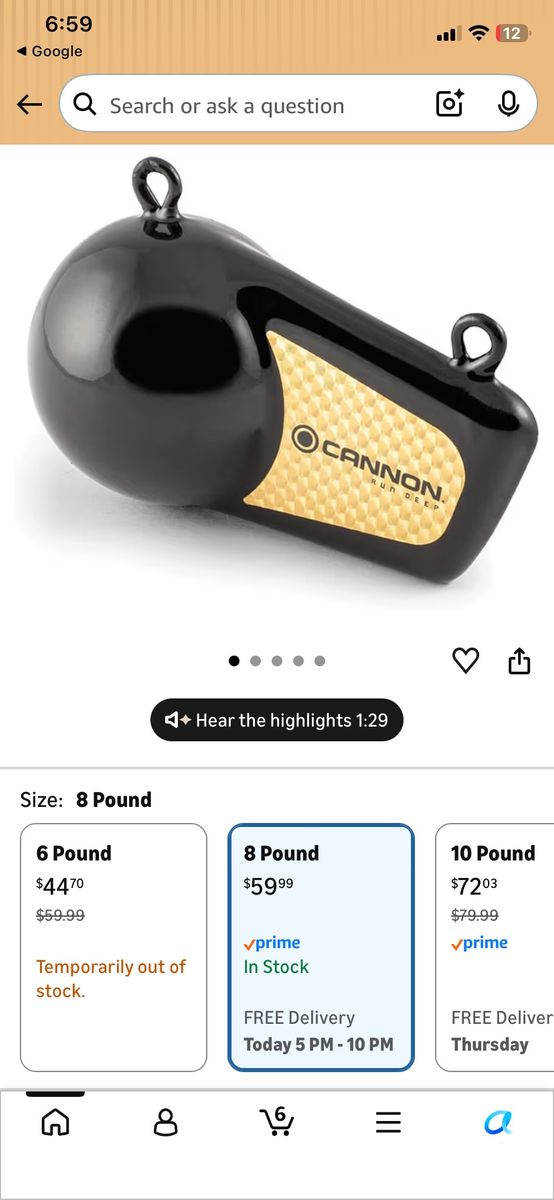 Cannon Run Deep 8 lb Downrigger Weight, Black - Fishing Sinker