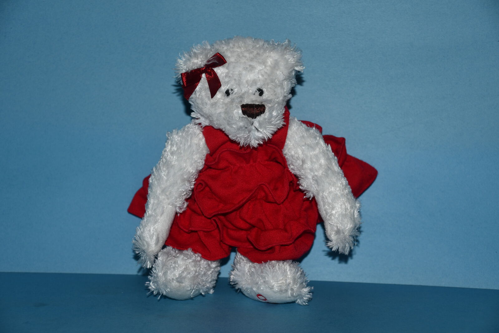 VINTAGE OPI WHITE TEDDY BEAR ~ HEIGHT 8" ~ RED DRESS & BOW ~ CUTE & CLEAN!