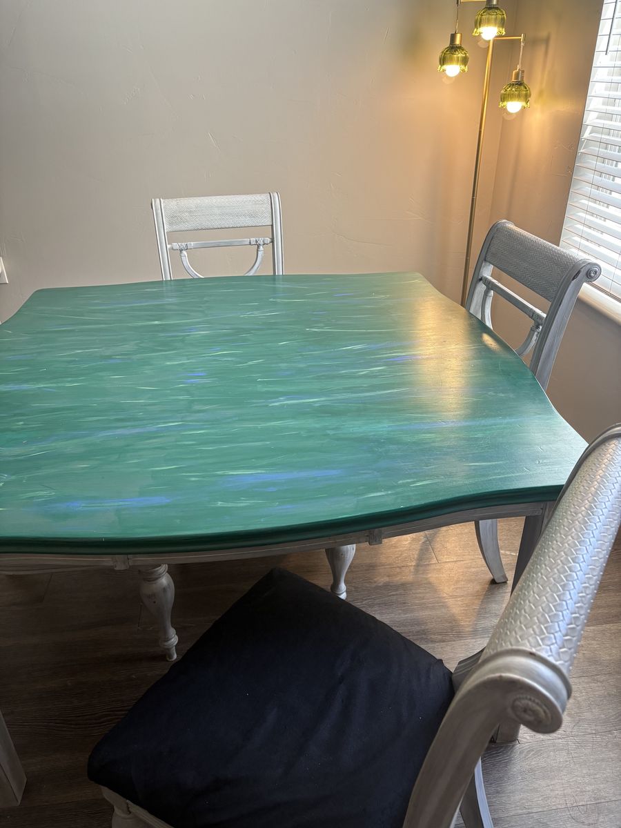 Unique Green & Blue Painted Solid Wood Dining Table with 4 Chairs - Distressed Look