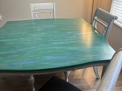 Unique Green & Blue Painted Solid Wood Dining Table with 4 Chairs - Distressed Look