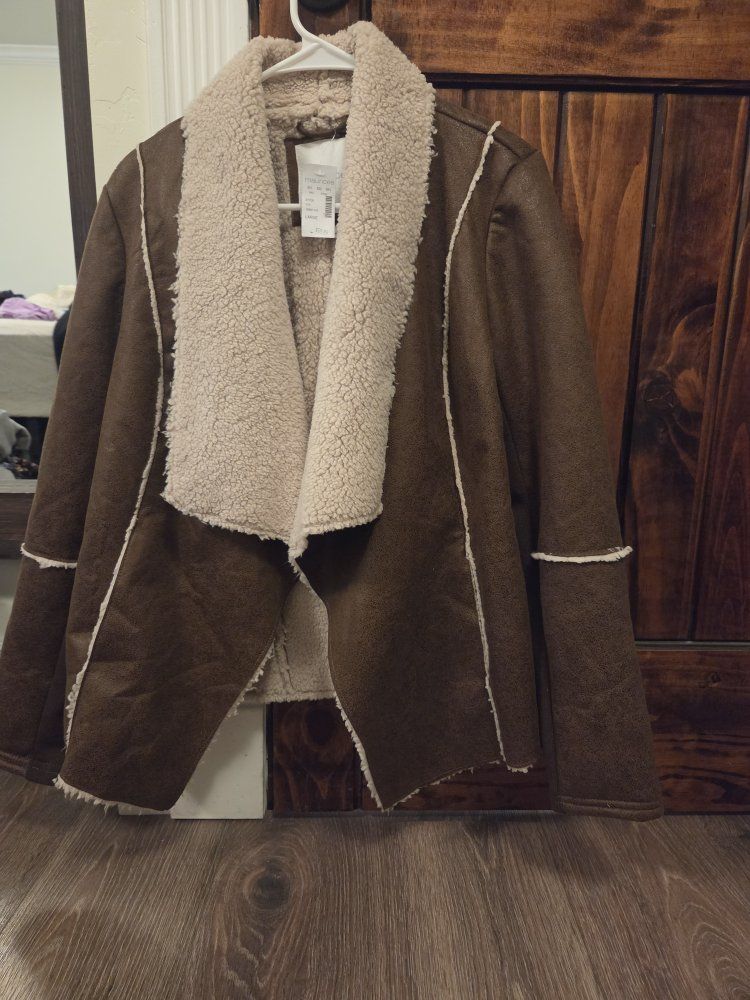 Maurices Women's Brown Faux Suede Shearling Draped Cardigan Jacket Size L, New with Tags