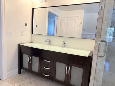 Double Sink Bathroom Vanity with Glass Countertop and Faucets - Dark Brown