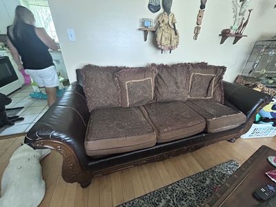 Ornate Brown Faux Leather Sofa & Armchair Set - Traditional Style, Used
