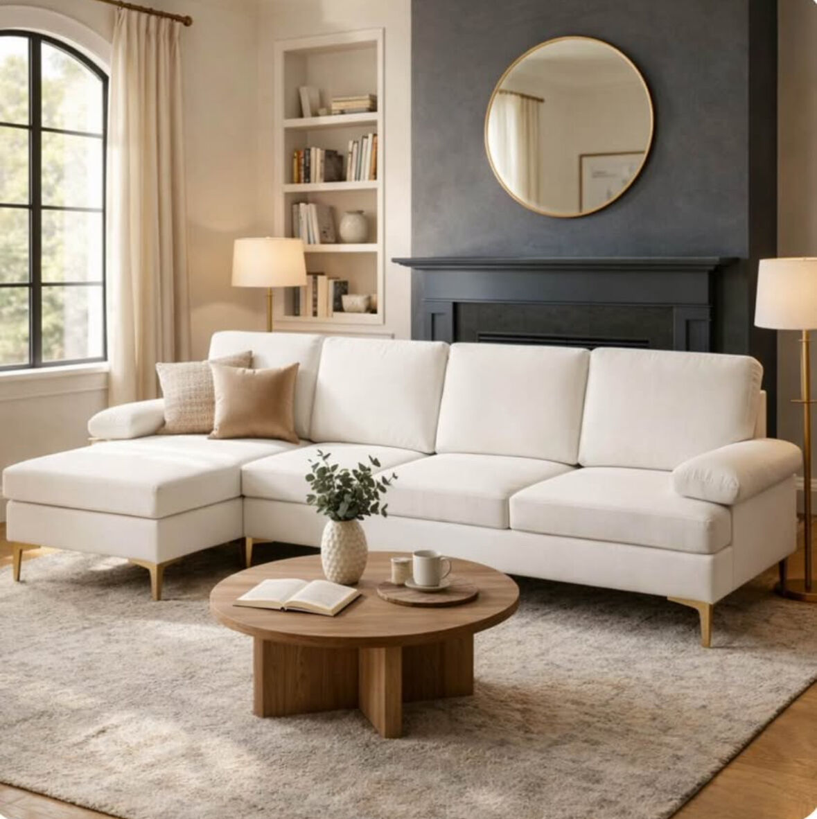 NEW Sectional w/ chaise soft Cream Fabric Gold Leg