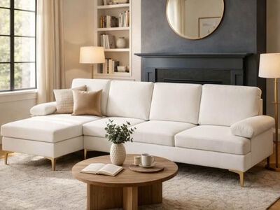 NEW Sectional w/ chaise soft Cream Fabric Gold Leg